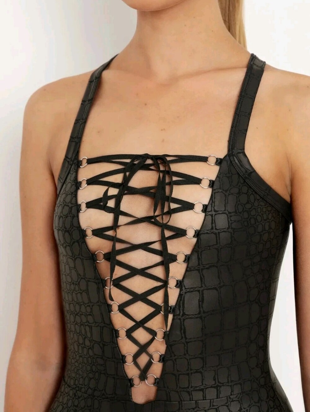 Blackmilk A Lot of Croc Lace Up Corset Faux Leather Crocodile Bodysuit Medium - Picture 2 of 14